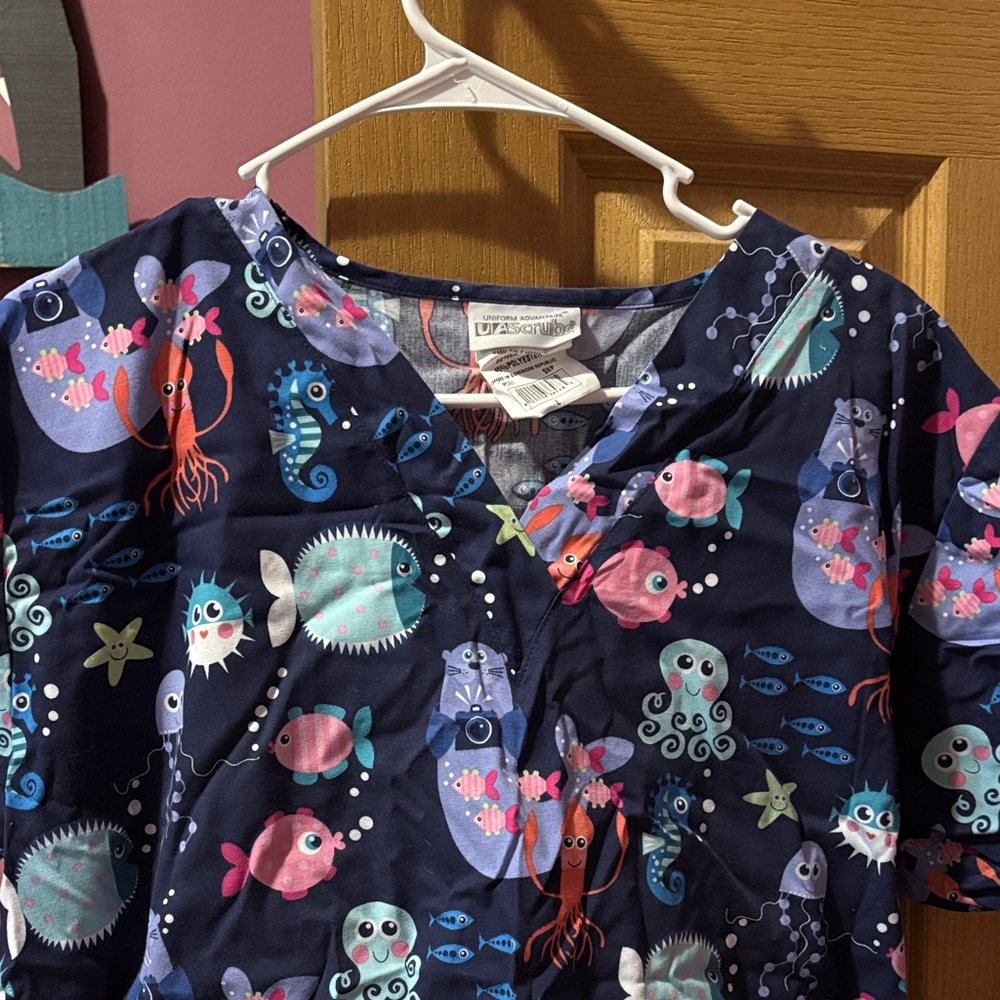 UA Scrubs Navy Blue Ocean Print Top